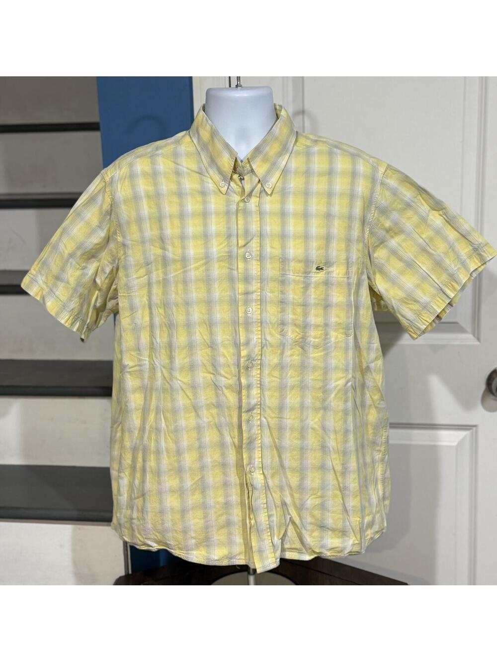 Lacoste Men's Size Extra Large (XL) Yellow Plaid Short Sleeve Button-Down Shirt